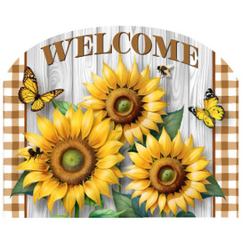 Sunflower Duo Acrylic Art Sign, yellow sunflowers, butterflies, and welcome text on wooden background.