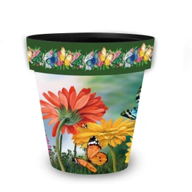 Butterflies and Daisies medium planter with colorful floral design and butterflies on a white background.