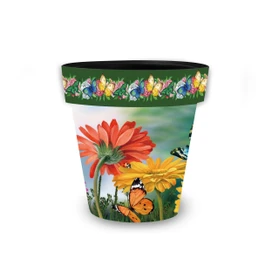 Butterflies and Daisies small colorful planter with orange butterfly, red and yellow flowers, and green trim.