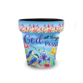 Small With God Planter with floral design, birds, and inspirational quote on blue background.