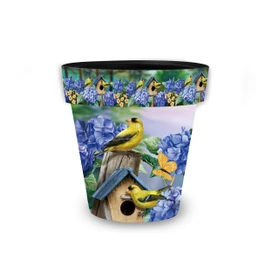 Goldfinches and Hydrangea small planter with yellow birds, blue flowers, and a birdhouse design.