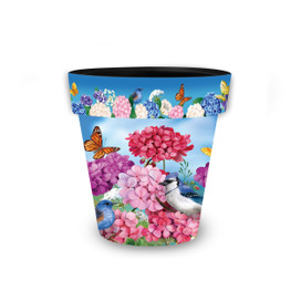 Geraniums in Bloom small colorful planter with butterflies, flowers, and bird design on white background.