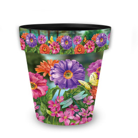 Zinnias in Bloom medium planter with colorful floral design and dragonflies on a white background.