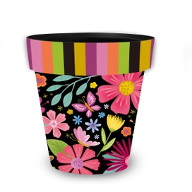 Spring Fling Medium Planter, colorful floral design on black background with multicolored stripes on rim.