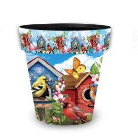 Medium Floral Birdhouses Planter with colorful birds, birdhouses, and butterfly design on vibrant blue background.