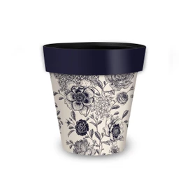 Woodcut Floral Small Planter, white with navy blue floral design and rim, decorative flower pot.
