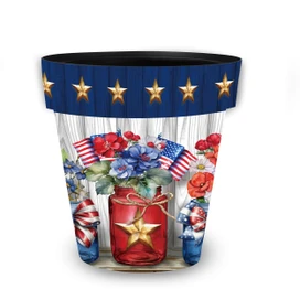 American Flowers Medium Planter with patriotic design, red pot, blue flowers, stars, and American flags.
