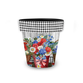 Small Red White and Beautiful Planter with black gingham and floral design on white background.