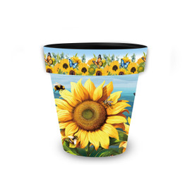Sunflower Dance Small Planter with vibrant yellow sunflowers, green leaves, and busy bees on a blue background.