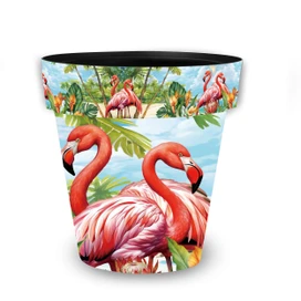 Medium Flamingo Pair Planter with vibrant pink flamingos and tropical leaves on a blue background.