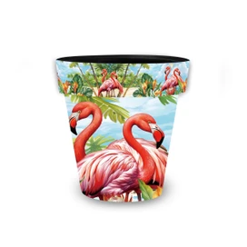 Small planter with pink flamingos, tropical leaves, and blue background, Flamingo Pair Small Planter design.