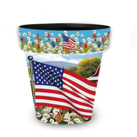 American Flower Field Medium Planter with patriotic floral design and American flag on white background.