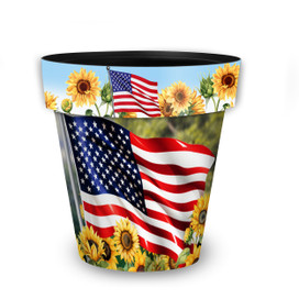 American Sunflowers Medium Planter with USA flag and sunflowers design on white background.