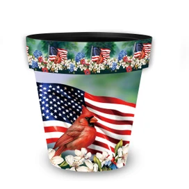 American Cardinal Medium Planter with patriotic design, featuring cardinal, American flag, and flowers.