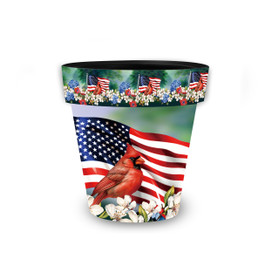 American Cardinal Small Planter with patriotic design, red cardinal, and American flag on white flowers.