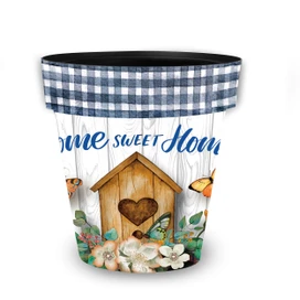 Country Home Sweet Home medium planter with blue gingham trim and garden design featuring heart shaped birdhouse.