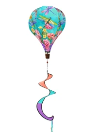 Dragonfly Garden Hot Air Balloon Spinner, colorful, turquoise, pink, purple, and orange hues with dragonflies.