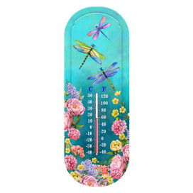 Dragonfly Garden Metal Thermometer, colorful flowers and dragonflies on teal background with temperature scale.