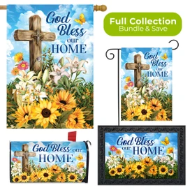 God Bless Our Home Collection garden flags with cross, flowers, and inspirational text in various sizes.