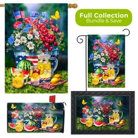 American Lemonade Collection garden flag, doormat, and mat set with floral and patriotic lemonade design.