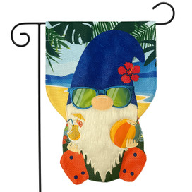 Summertime Gnome Burlap Garden Flag with beach gnome, blue hat, sunglasses, and hibiscus flower design.