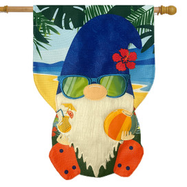 Summertime Gnome Burlap House Flag with blue hat, sunglasses, and beach themed tropical design.