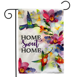 Home Sweet Home Hummingbirds Burlap Garden Flag with colorful flowers and hummingbirds design.