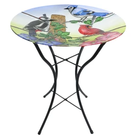 Country Birds Glass Birdbath, round glass top with colorful bird design on black metal stand base.