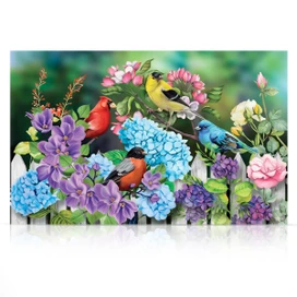 Large LED canvas art with colorful birds and flowers on a white picket fence background.