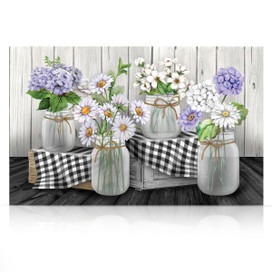 Large LED canvas art of checkered mason jars with white and purple flowers on a wooden backdrop.
