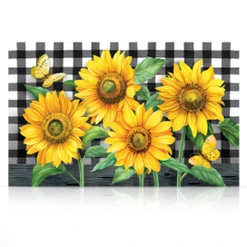 Large LED canvas art featuring bright yellow sunflowers on black checkered background with butterflies.