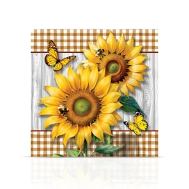 Sunflower Duo Medium LED Canvas Art with yellow flowers, butterflies, and brown gingham on wood background.