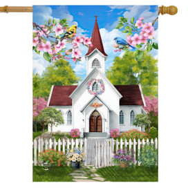 Church in Spring House Flag with white church, red roof, flowers, and white picket fence.
