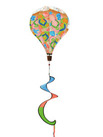 Colorful hot air balloon spinner toy with blue, green, orange and pink designs and accents.