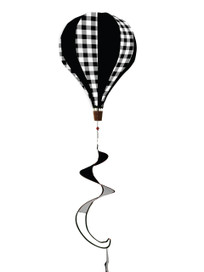 Black and white check deluxe burlap hot air balloon spinner with brown basket and curly tail.