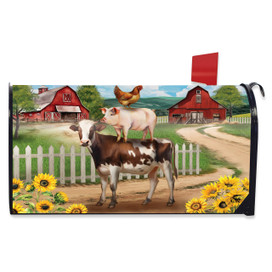 Farm Friends Mailbox Cover with colorful farm scene featuring cow, pig, chicken, and sunflowers near barns.