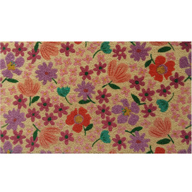 Spring Blooms coir doormat, 18x30, featuring colorful floral pattern with pink, purple, red, and green hues.