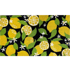 Lemons Coir Doormat 18 x 30 with yellow lemons, green leaves, and white flowers on black.