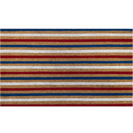 American Stripes Coir Doormat, 18x30, red, blue, and beige stripes, natural fiber.