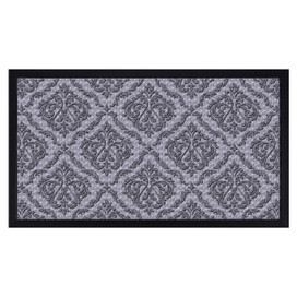 Gray Paisley Standard Flocked Doormat with black border and gray paisley design on white background.
