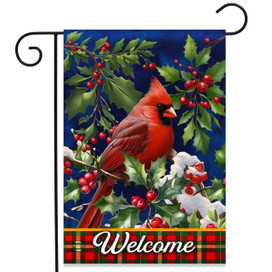Cardinal and Holly Garden Flag with red bird, holly, and Welcome text on plaid background.
