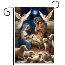 Christ Is Born Garden Flag depicting Mary, Joseph, baby Jesus, sheep, and angels at night.