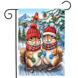 Winter Chipmunks Garden Flag with two chipmunks wearing hats and scarves in a snowy landscape.