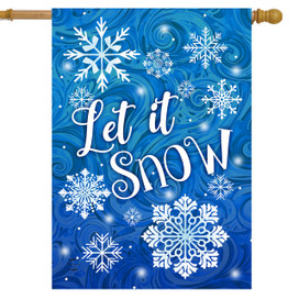 Let It Snow Snowflakes House Flag, blue background with white snowflakes and text on house flag.