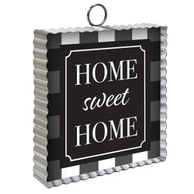 Black and white checkered metal mini moment with "Home Sweet Home" text on a decorative frame.