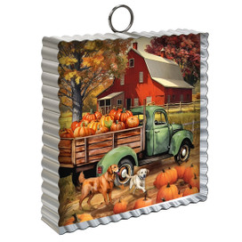 Autumn Farm Metal Mini Moment, green truck, pumpkins, dogs, and red barn on metal decoration.