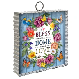 Bless This Home With Love Metal Mini Moment decorative wall hanging with colorful flowers and butterflies.