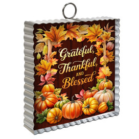 Metal mini moment with grateful thankful blessed text surrounded by pumpkins and autumn leaves design.