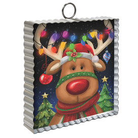 Festive Reindeer Metal Mini Moment ornament with colorful lights and Christmas trees on a silver background.