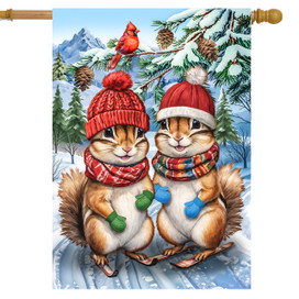Winter Chipmunks House Flag, two chipmunks wearing hats and scarves in snowy scene with cardinal.